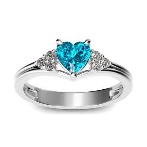 Bague en forme de cœur en or blanc 18 carats plaqué et topaze bleue de laboratoire