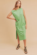 Robe midi sans manches col rond à fente latérale pour femmes : un style décontracté chic avec fentes latérales pour une élégance moderne