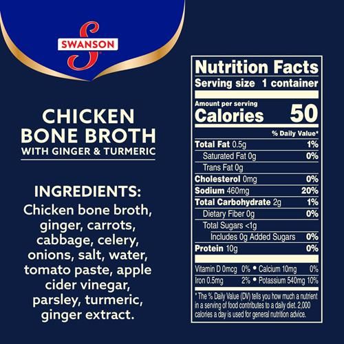 Bouillon d'os de poulet à siroter Swanson avec gingembre et curcuma, tasse micro-ondable de 305 g