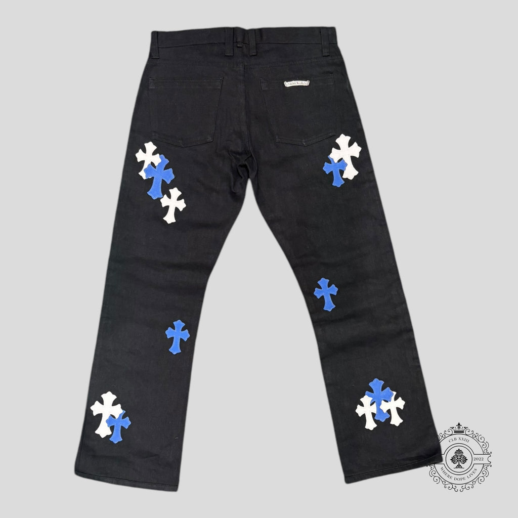 Pantalon Chrome Hearts à croix brodées bleu / blanc