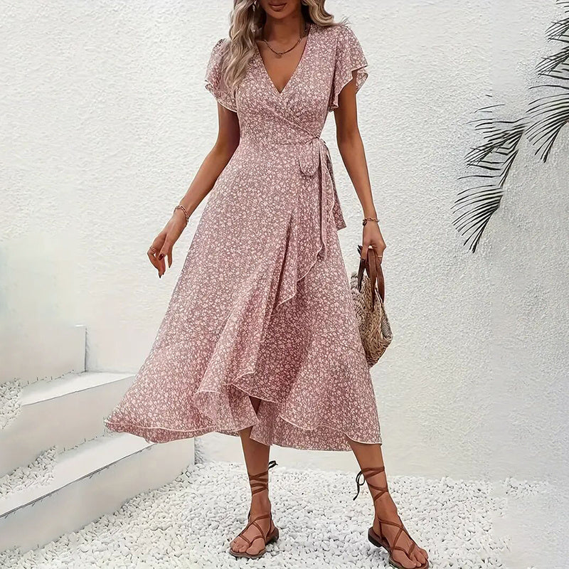 Robe longue bohème florale d'été - Robes maxi amples à manches courtes et volants