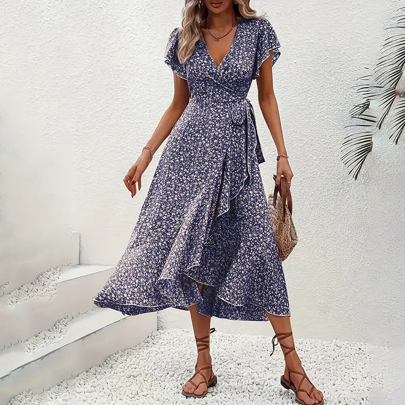 Robe longue bohème florale d'été - Robes maxi amples à manches courtes et volants