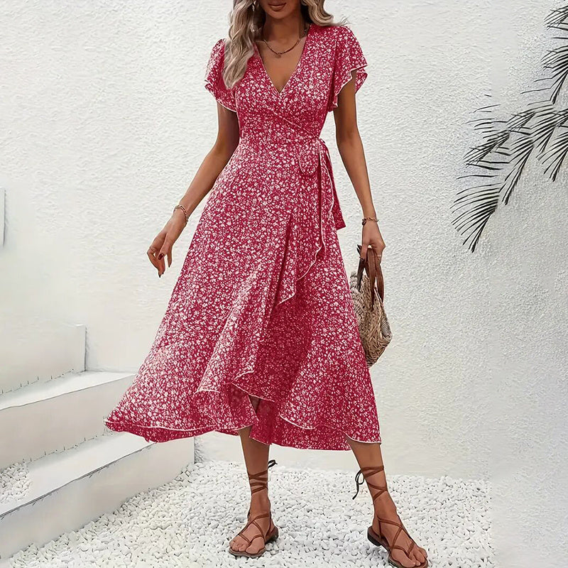 Robe longue bohème florale d'été - Robes maxi amples à manches courtes et volants