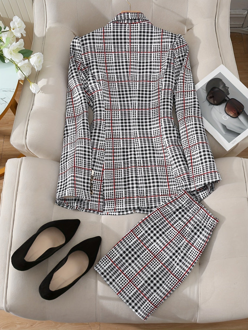 Tailleur jupe grande taille à carreaux pour femme – Ensemble deux pièces blazer et jupe taille haute