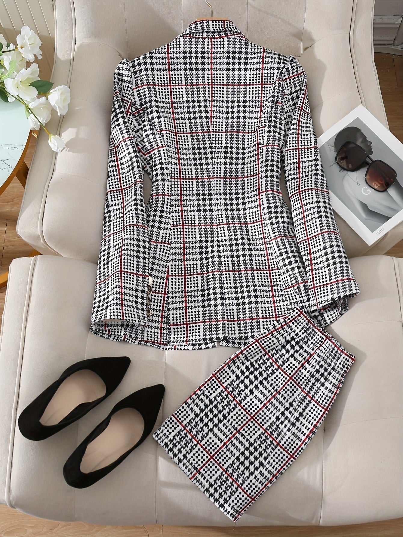 Tailleur jupe grande taille à carreaux pour femme – Ensemble deux pièces blazer et jupe taille haute