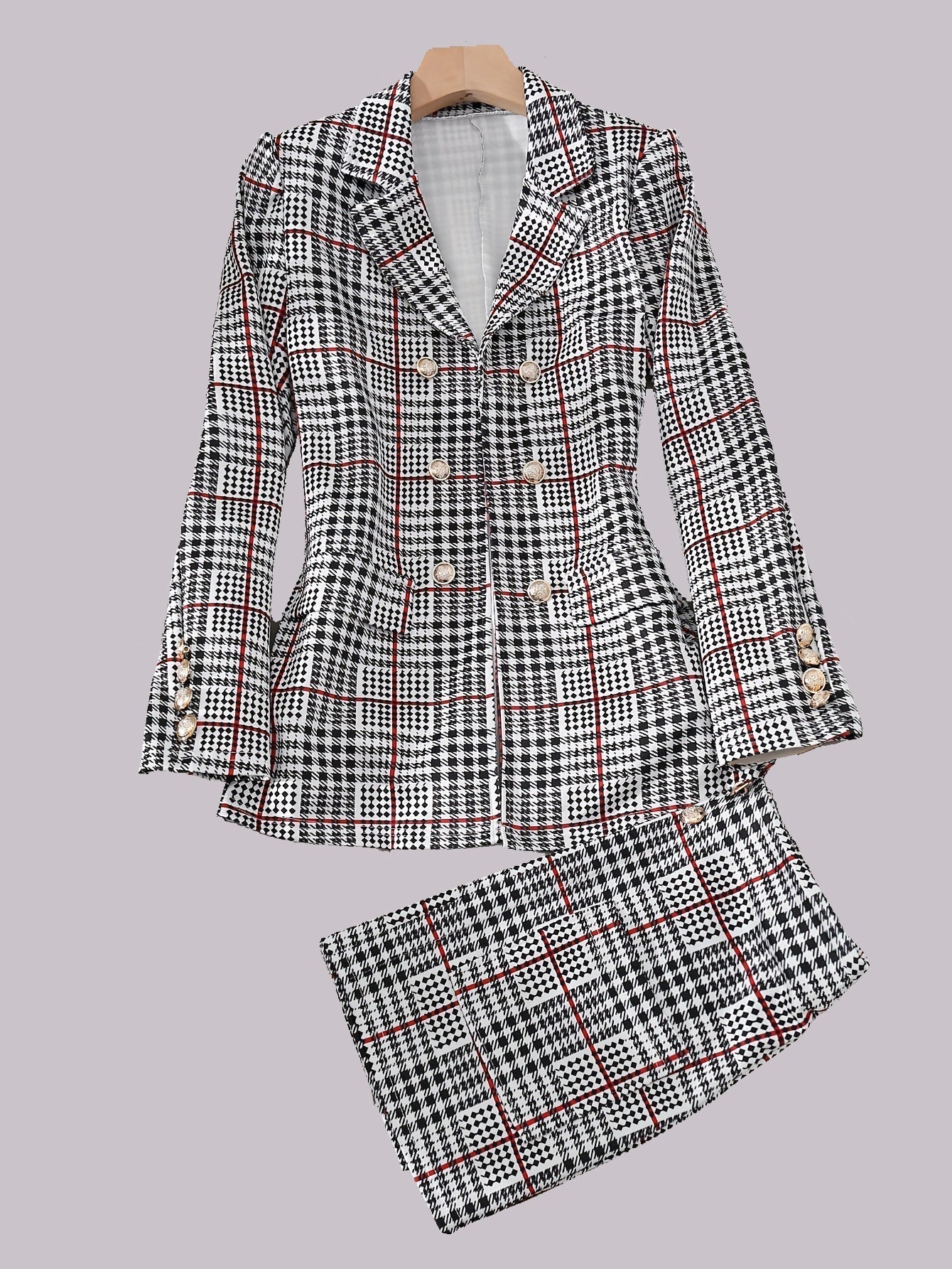 Tailleur jupe grande taille à carreaux pour femme – Ensemble deux pièces blazer et jupe taille haute