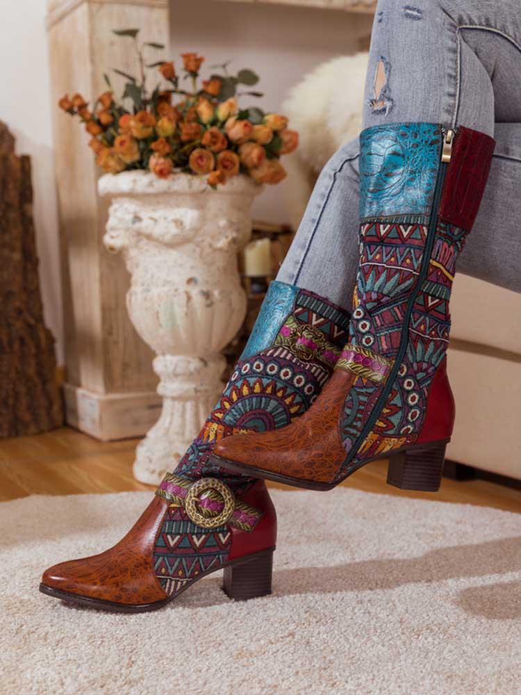 Bottes hautes en cuir bohème à motif épissé