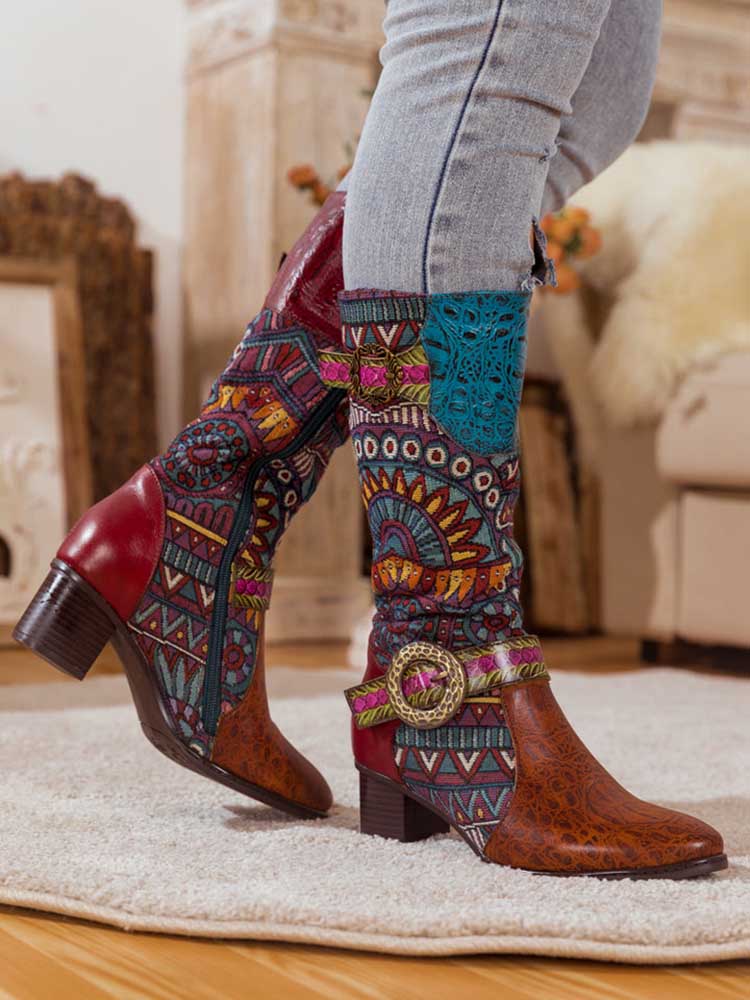 Bottes hautes en cuir bohème à motif épissé