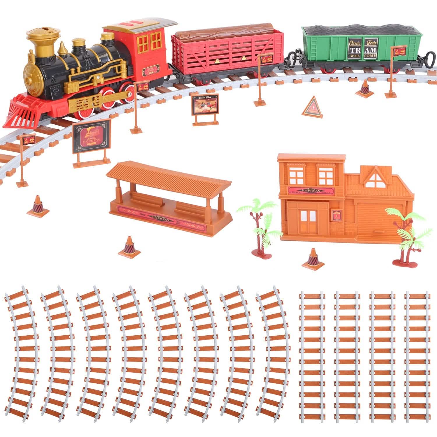 193 pièces : Set de train électrique Locomotive à vapeur Voiture de passagers Wagon à charbon Train de Noël