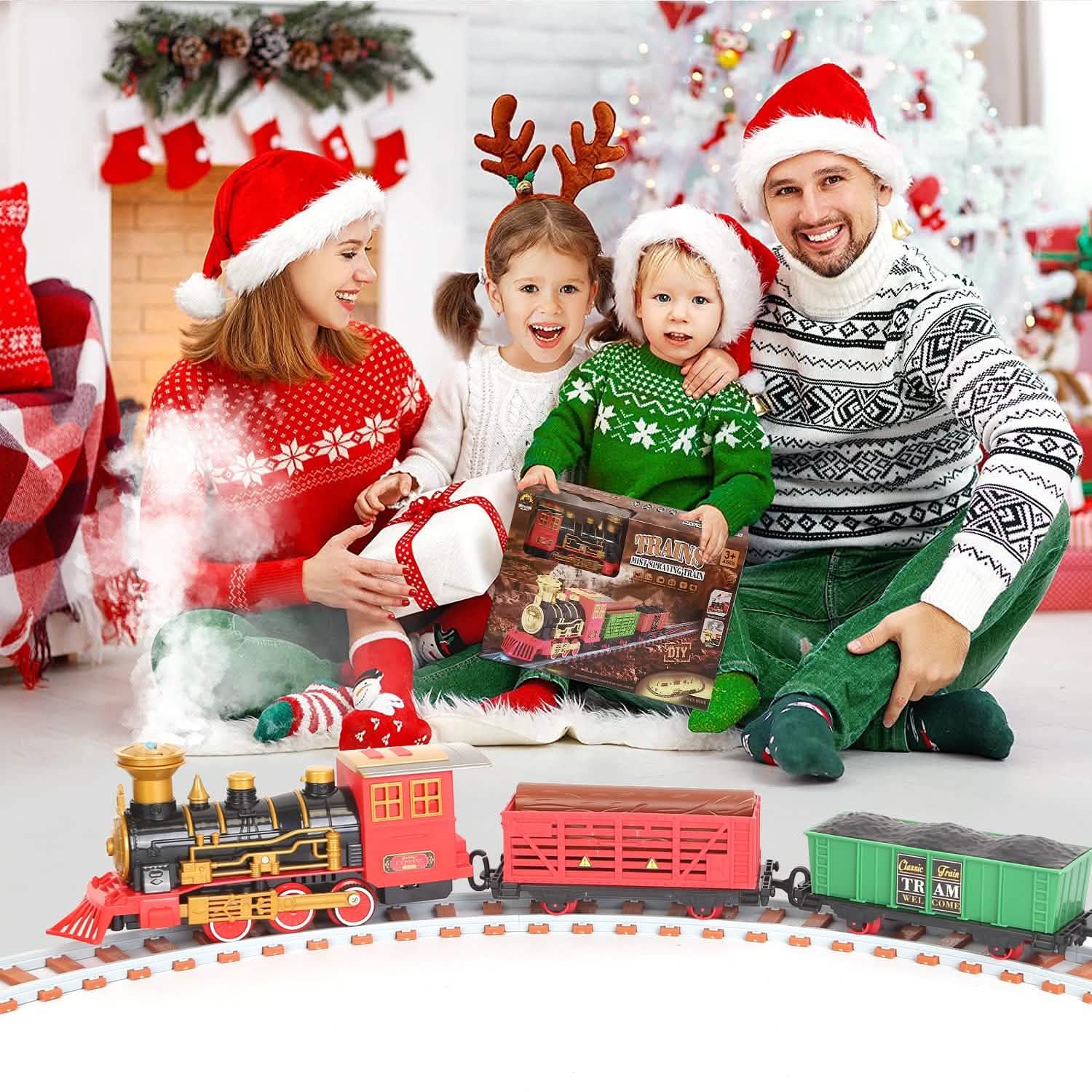 193 pièces : Set de train électrique Locomotive à vapeur Voiture de passagers Wagon à charbon Train de Noël