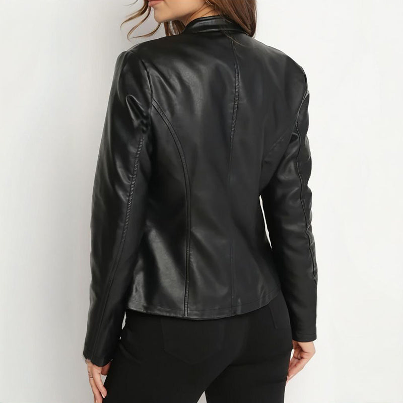 Blazer en similicuir uni à manches longues et col montant pour femme