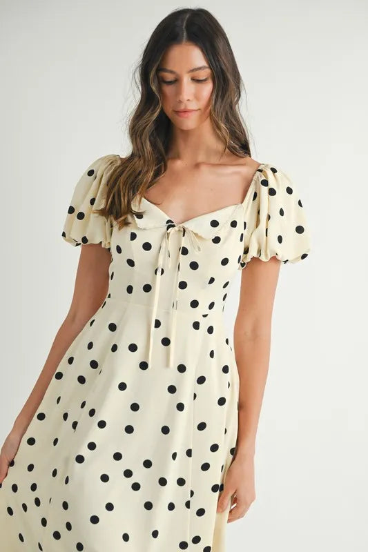 Robe mi-longue à pois et manches bouffantes pour femmes – Robe vintage à pois et volants, Robe féminine à manches bouffantes, Robe mi-longue rétro, Robe chic classique