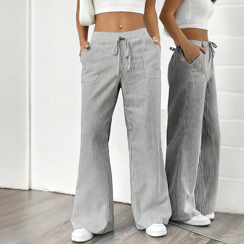 Pantalon long décontracté à rayures, coupe droite et large, avec poches pour femmes
