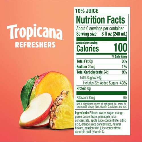 Boisson au jus d'ananas et de mangue Tropicana Refreshers, à base de vrai jus de fruit, bouteille de 1,36 L