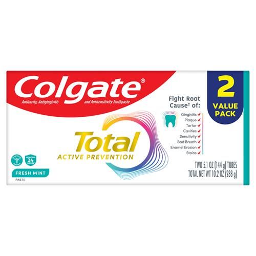 Dentifrice Colgate Total Protection Active Menthe fraîche, Dentifrice anti-caries avec fluorure, Cliniquement prouvé pour aider à combattre les bactéries de la plaque dentaire, Aide à minimiser la mauvaise haleine, Paquet de 2, 144 g
