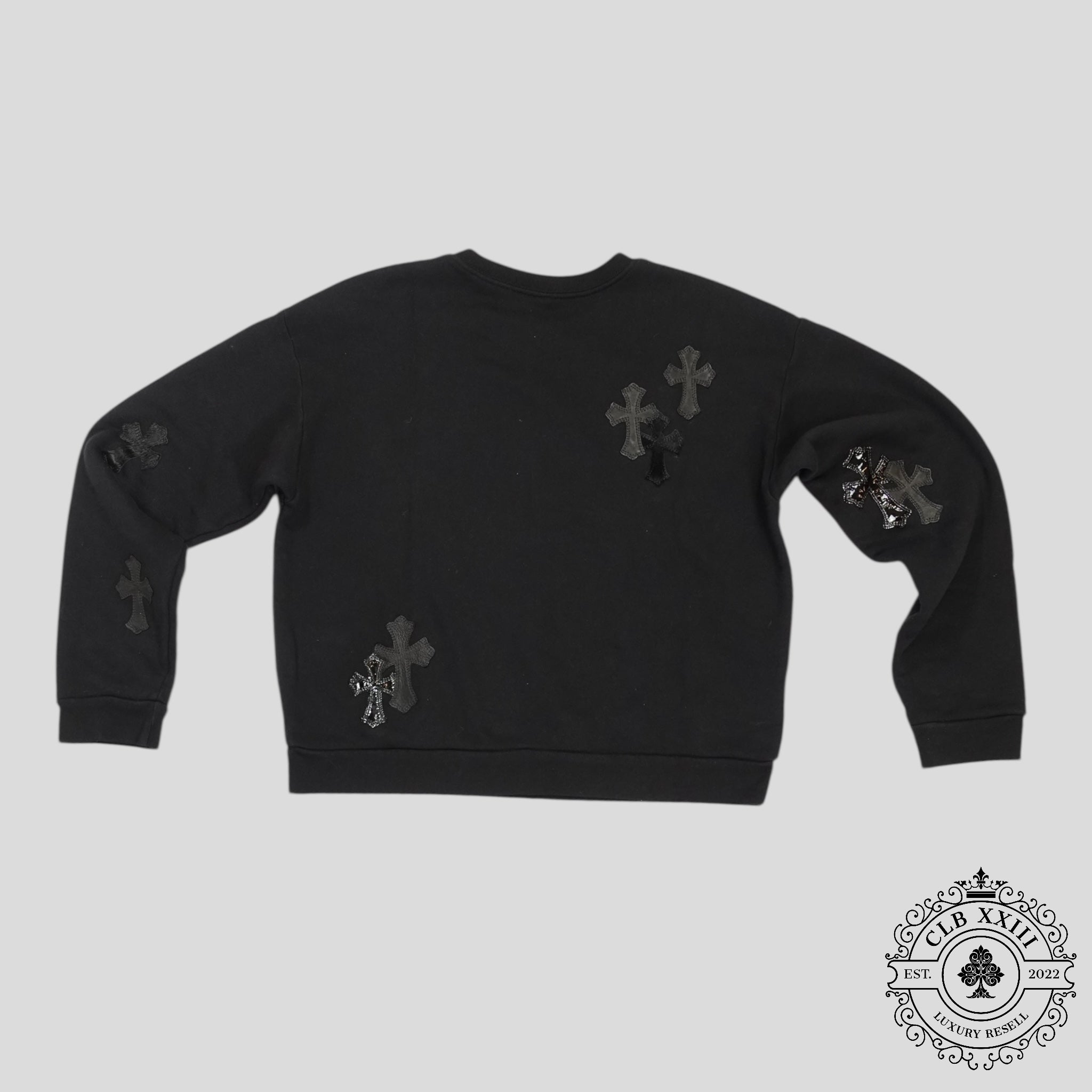 Sweat-shirt ras du cou en cuir Chrome Hearts avec patchs croix, coloris noir