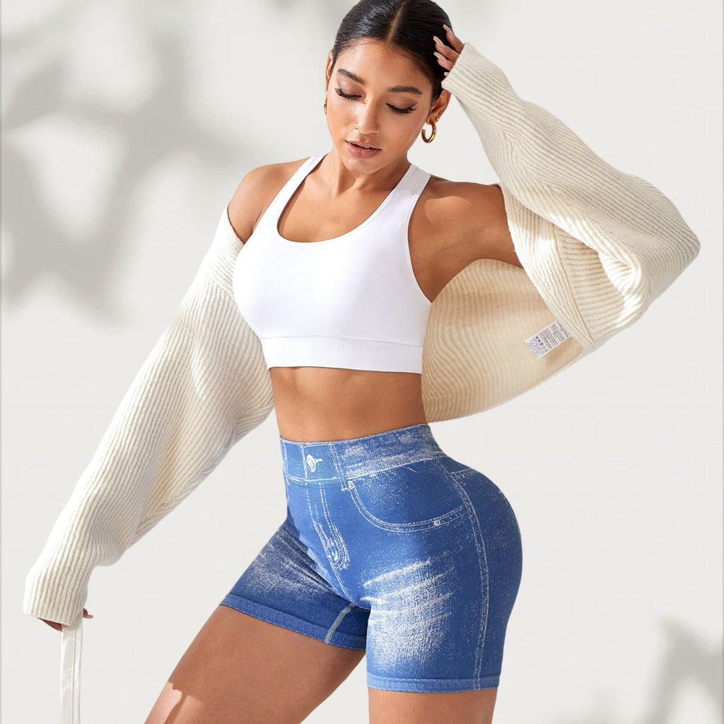 Shorts de yoga sans couture en jean pour femmes, shorts de course et de fitness ajustés à séchage rapide, avec taille en V et rehaussement des hanches
