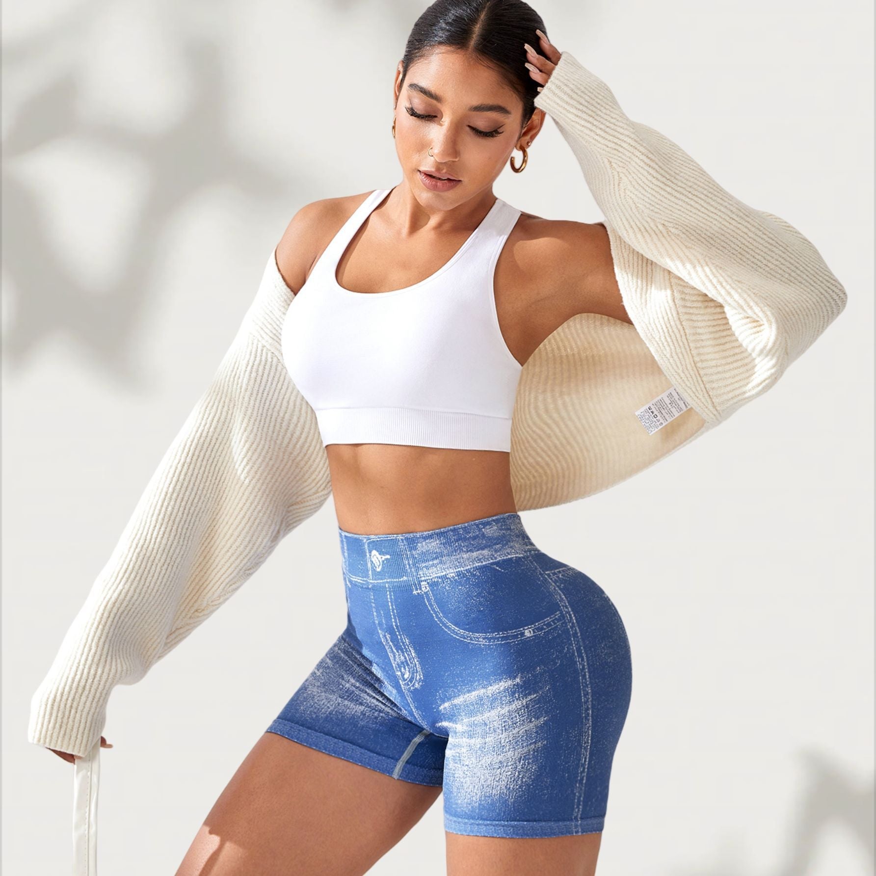 Shorts de yoga sans couture en jean pour femmes, shorts de course et de fitness ajustés à séchage rapide, avec taille en V et rehaussement des hanches