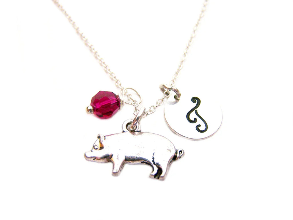 Collier Cochon – Argent Sterling avec Pierre de Naissance et Breloque Initiale
