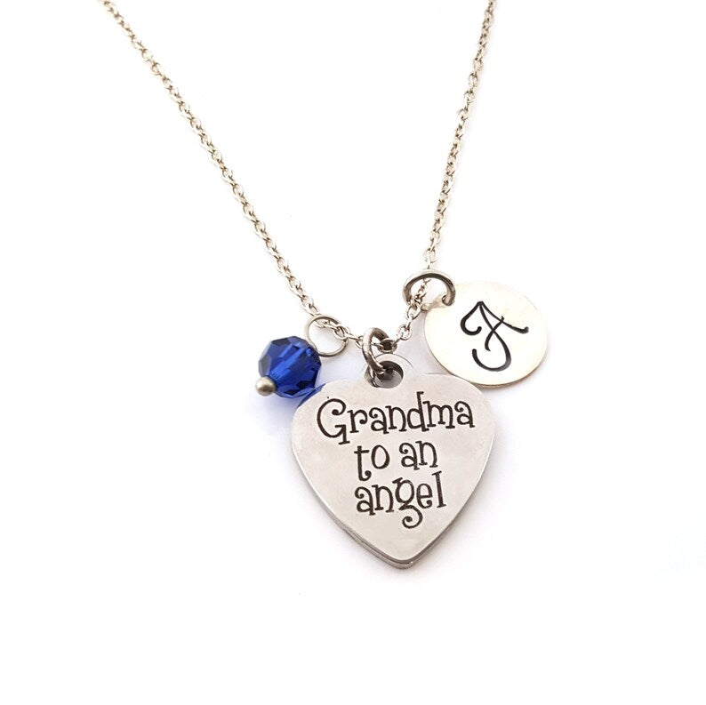 Grandma to an Angel Necklace – Sterling Silver Chain with Birthstone & Initial