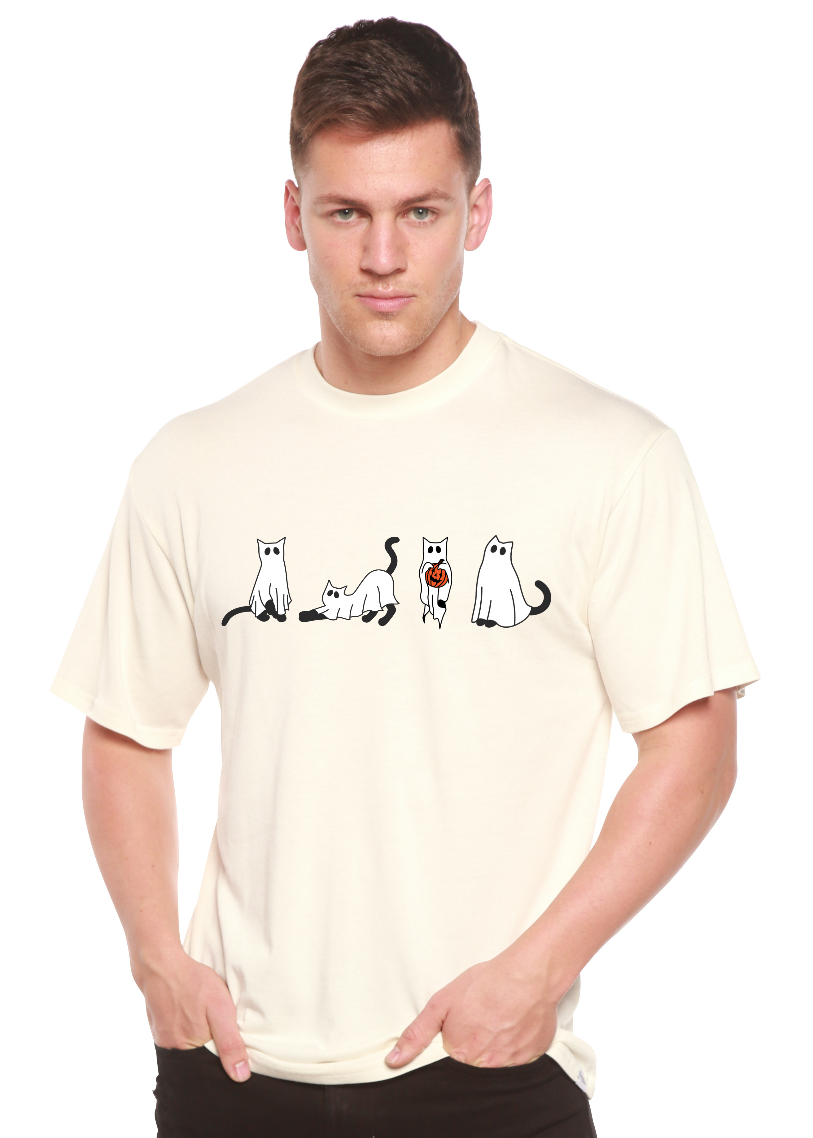 T-shirt graphique à manches courtes en viscose de bambou/coton biologique pour homme - Chats d'Halloween