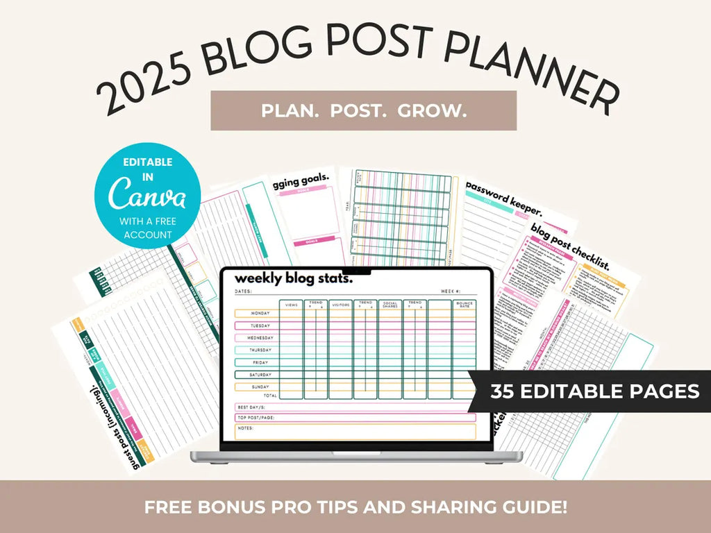 Modèle Canva de planificateur de billets de blog 2025 | 35 pages