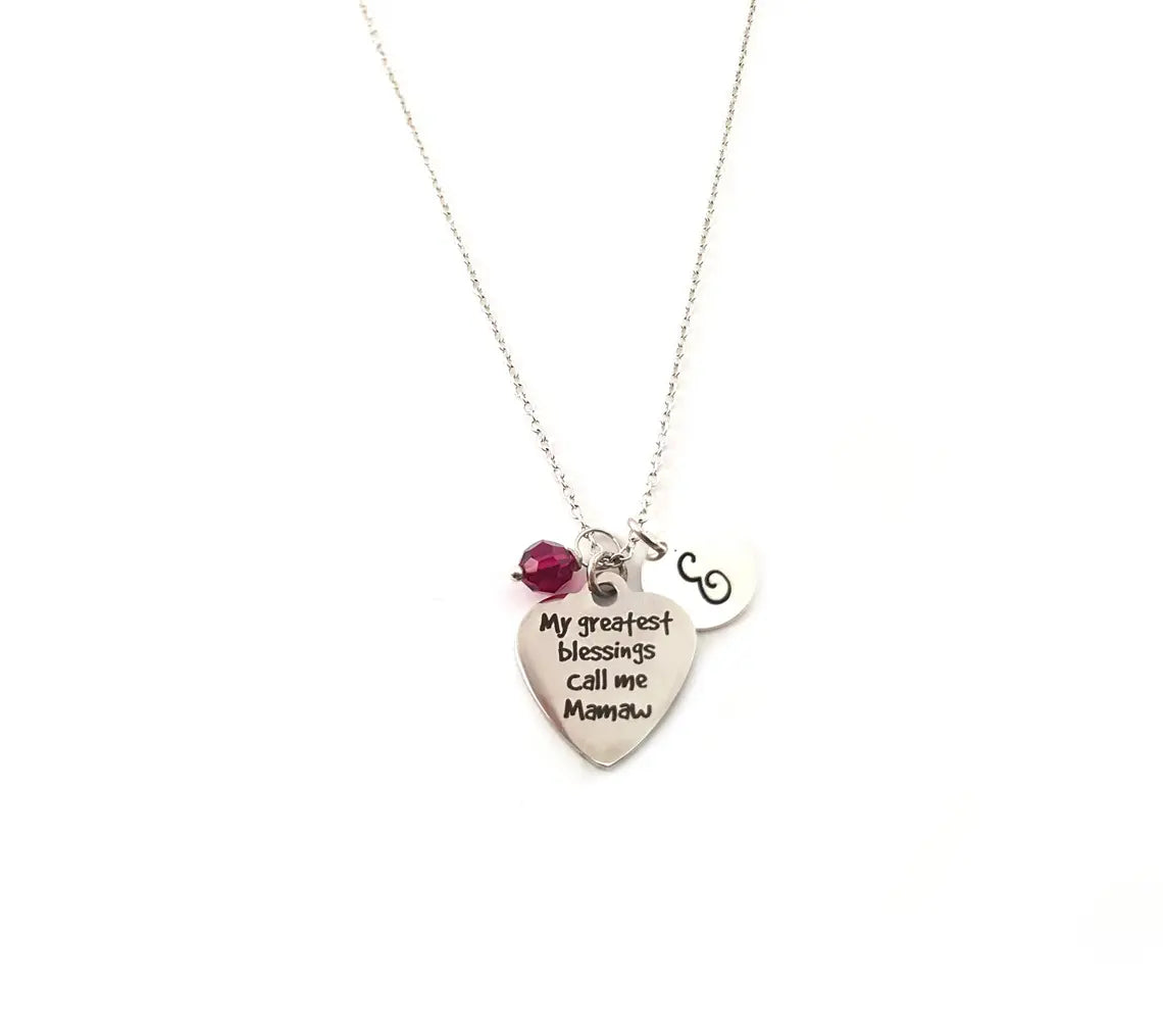Collier "Appelle-moi Mamie" – Argent sterling avec pierre de naissance et breloque initiale