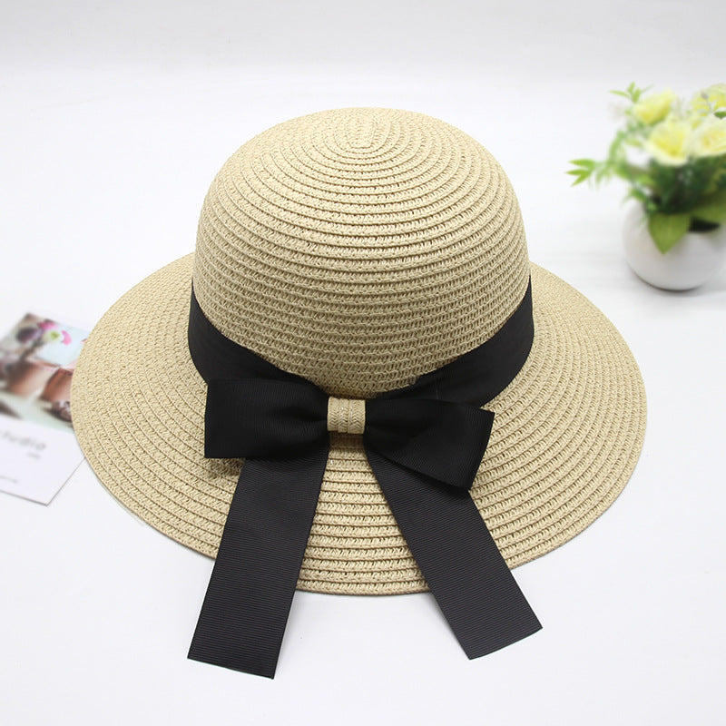 Chapeau d'été noir avec ruban décoratif, chapeau de paille ondulé pour filles, casquette de soleil pour enfants, chapeaux de plage pour bébés filles