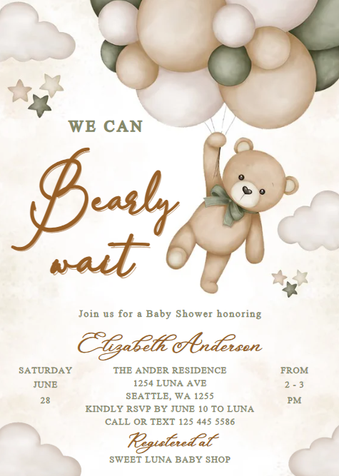 We Can Bearly Wait Baby Shower Invitation – Editable Canva Template