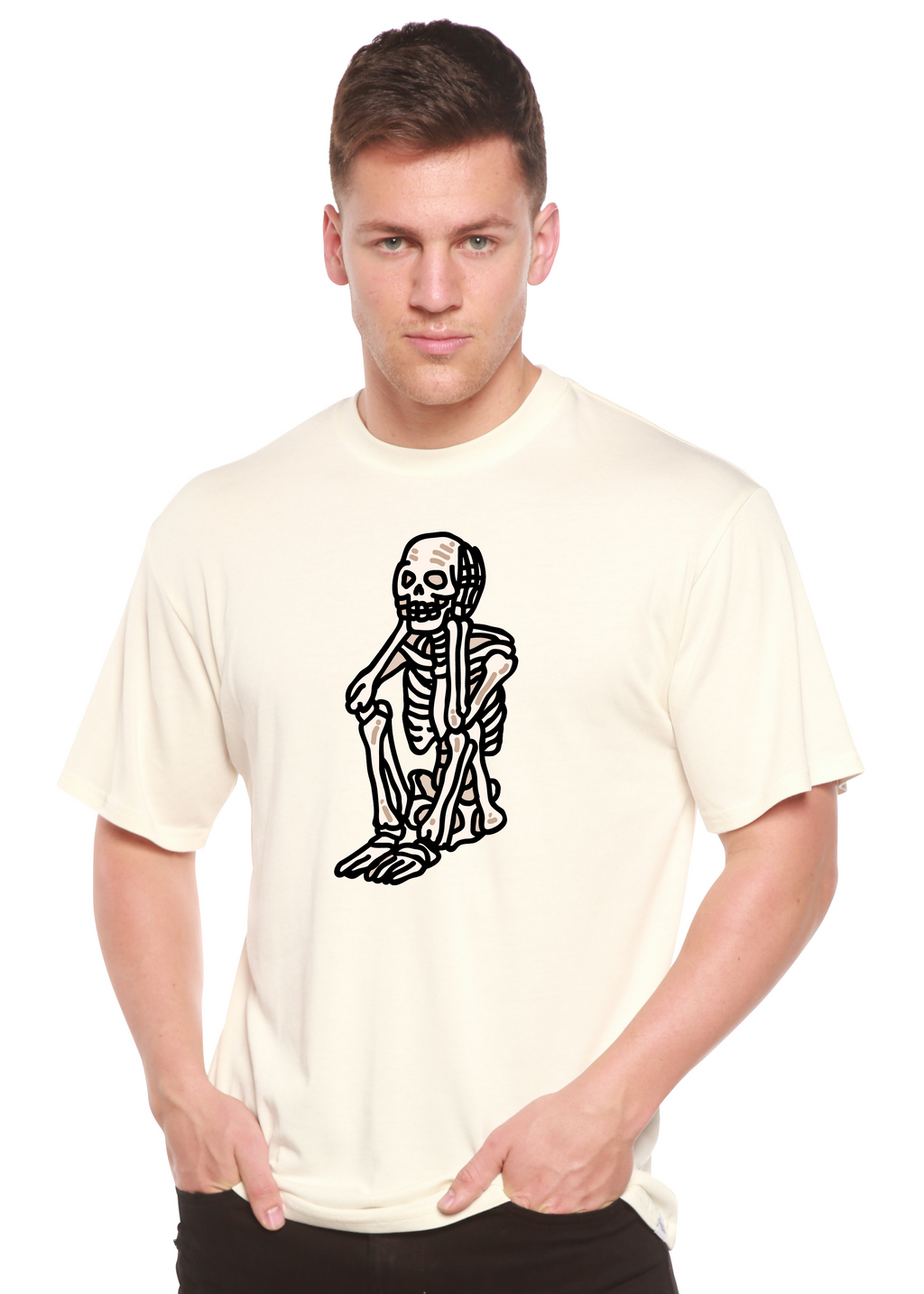T-shirt graphique unisexe squelette triste Halloween en bambou viscose/coton biologique à manches courtes