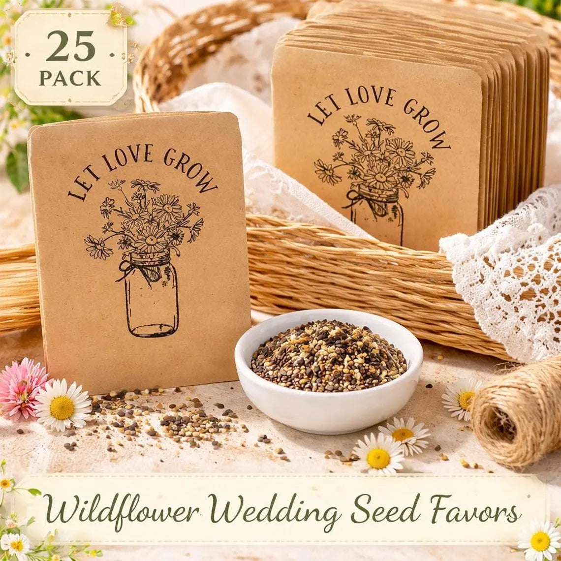 25 paquets de graines de fleurs sauvages pour mariage – « Let Love Grow » sachets de style pot Mason