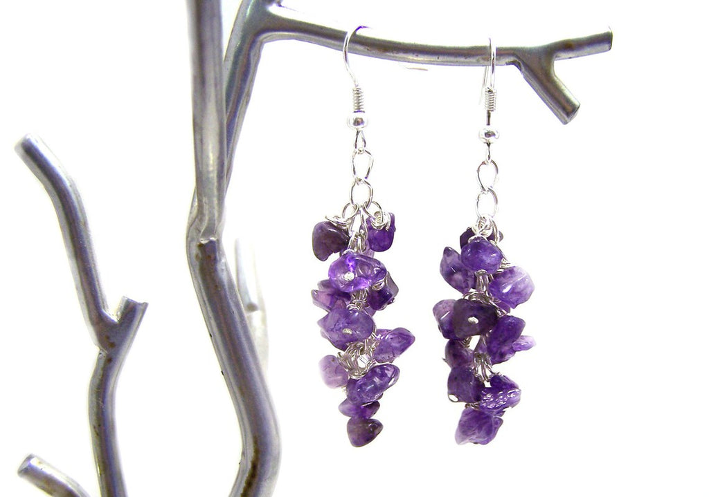 Boucles d'oreilles en argent sterling avec grappe d'améthyste enroulée de fil
