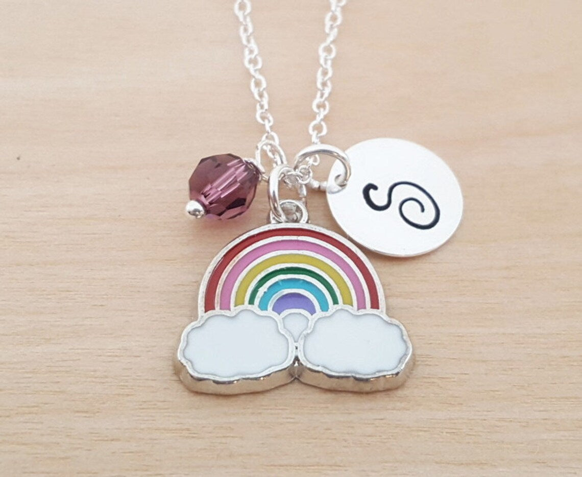 Collier Arc-en-ciel – Argent sterling avec pierre de naissance et breloque initiale