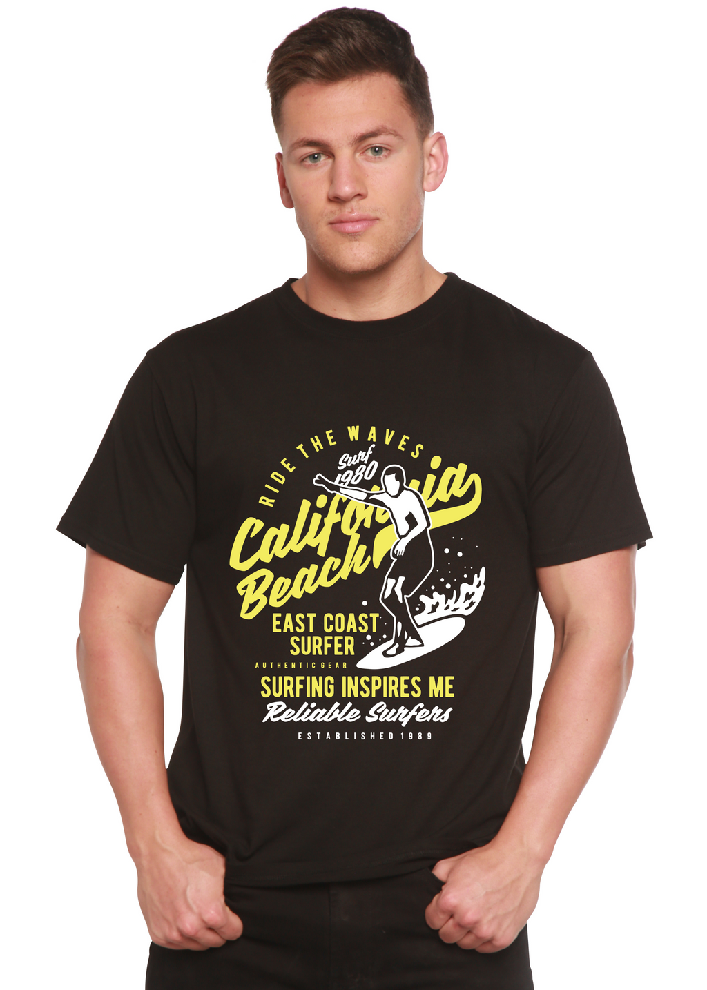 T-shirt graphique à manches courtes en viscose de bambou/coton biologique pour homme Spun Bamboo® "Ride The Waves"