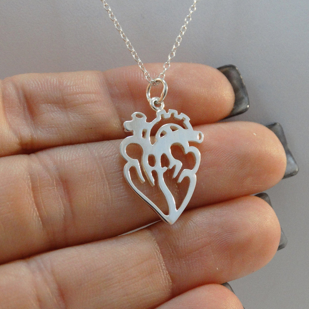 Open Anatomical Heart Necklace – Sterling Silver Medical Heart Pendant on 16" Chain