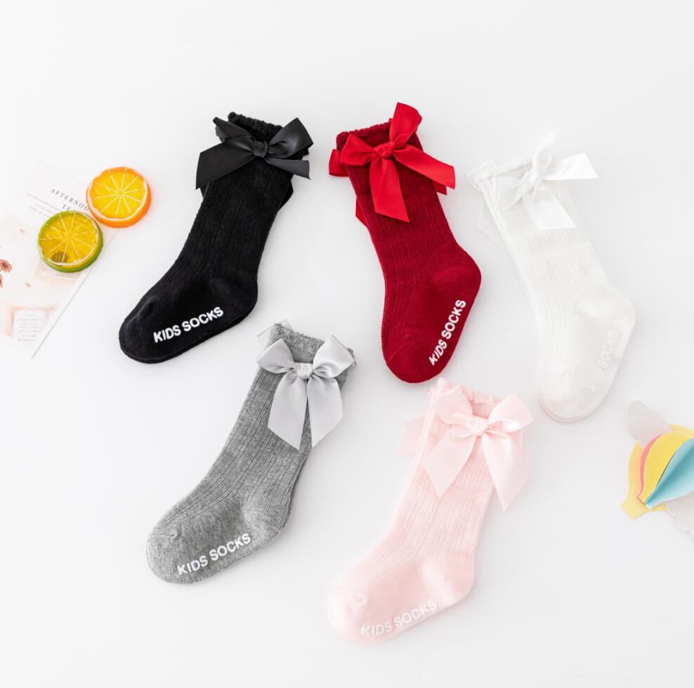 Nouvelles chaussettes extensibles pour enfants, tout-petons, filles, avec grand nœud, hauteur genou, longues, en coton doux, en dentelle, confortables, colorées