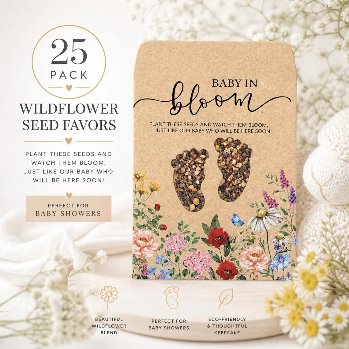 25 sachets de graines "Bébé en fleurs", cadeaux de naissance à planter (fleurs sauvages)