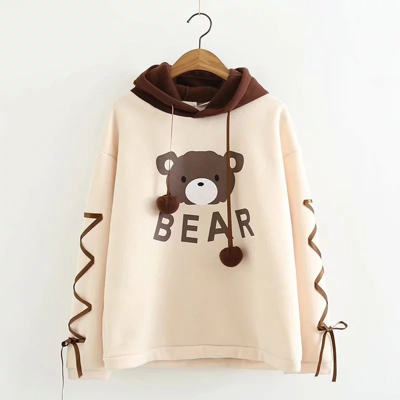Sweat à capuche femme avec oreilles d'ours, manches longues, ruban, pompon, mignon, pull à capuche, haut, sweat-shirt à capuche