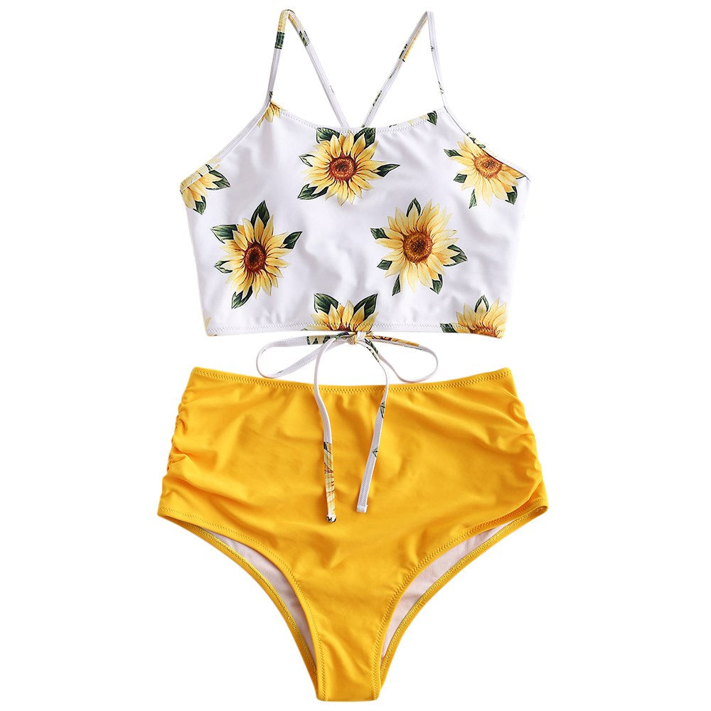 Maillot de bain bikini taille haute tournesol, maillot de bain floral pour femme, haut court floral avec nœud avant, ensemble bikini taille haute deux pièces pour femme, maillot de bain taille haute d'été