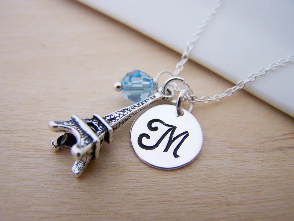 Collier Tour Eiffel – Argent Sterling avec Pierre de Naissance et Breloque Initiale