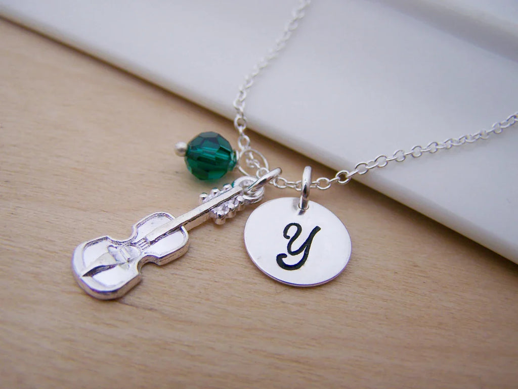 Collier Violon Personnalisé – Argent Sterling avec Pierre de Naissance et Breloque Initiale