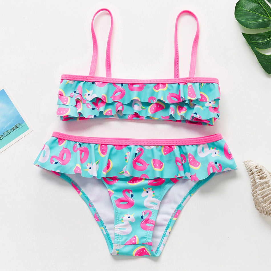 3-16 ans Maillot de bain deux pièces pour filles Motif dessin animé Volants Maillot de bain Bikini Set Épaule unique Tenue de plage Princesse Deux pièces Maillot de bain Maillot de bain enfant Filles Maillot de bain Bikini Set