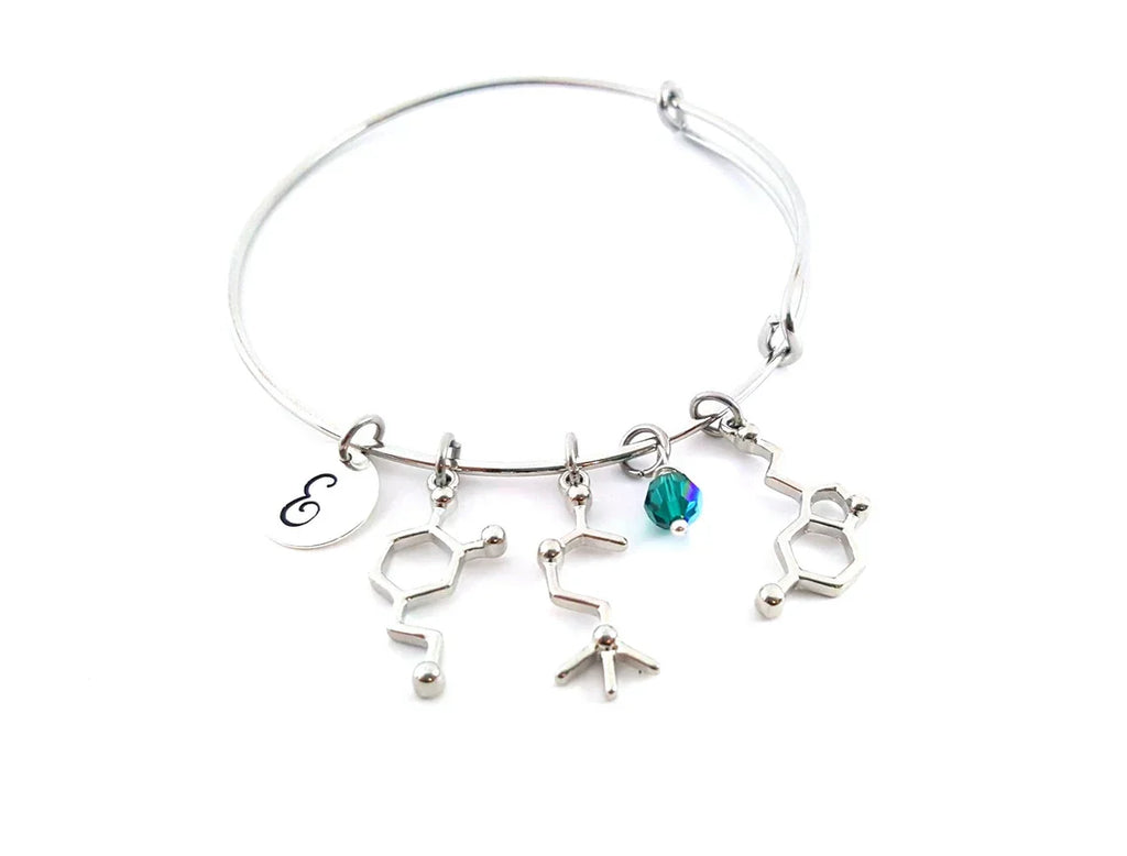 Bracelet neurotransmetteur sérotonine – Jonc ajustable avec pierre de naissance et initiale