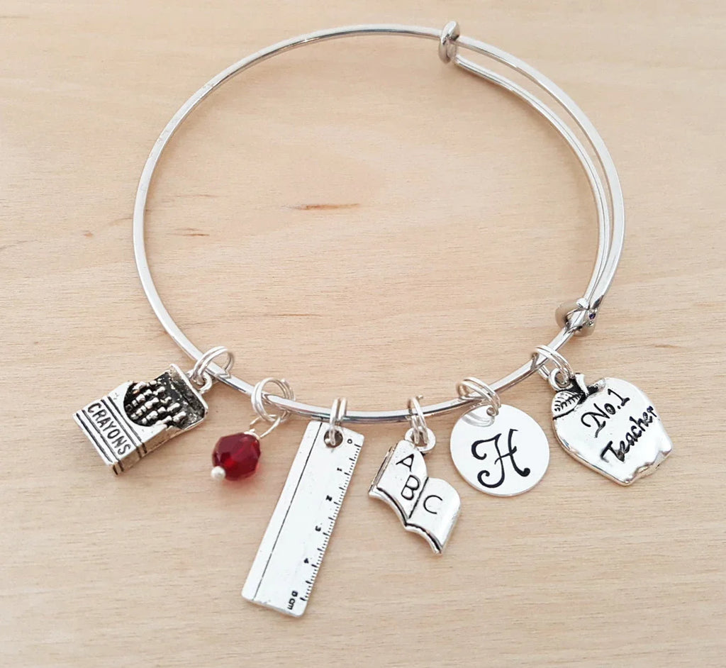 Bracelet personnalisé pour enseignant – Jonc ajustable avec pierre de naissance et initiale