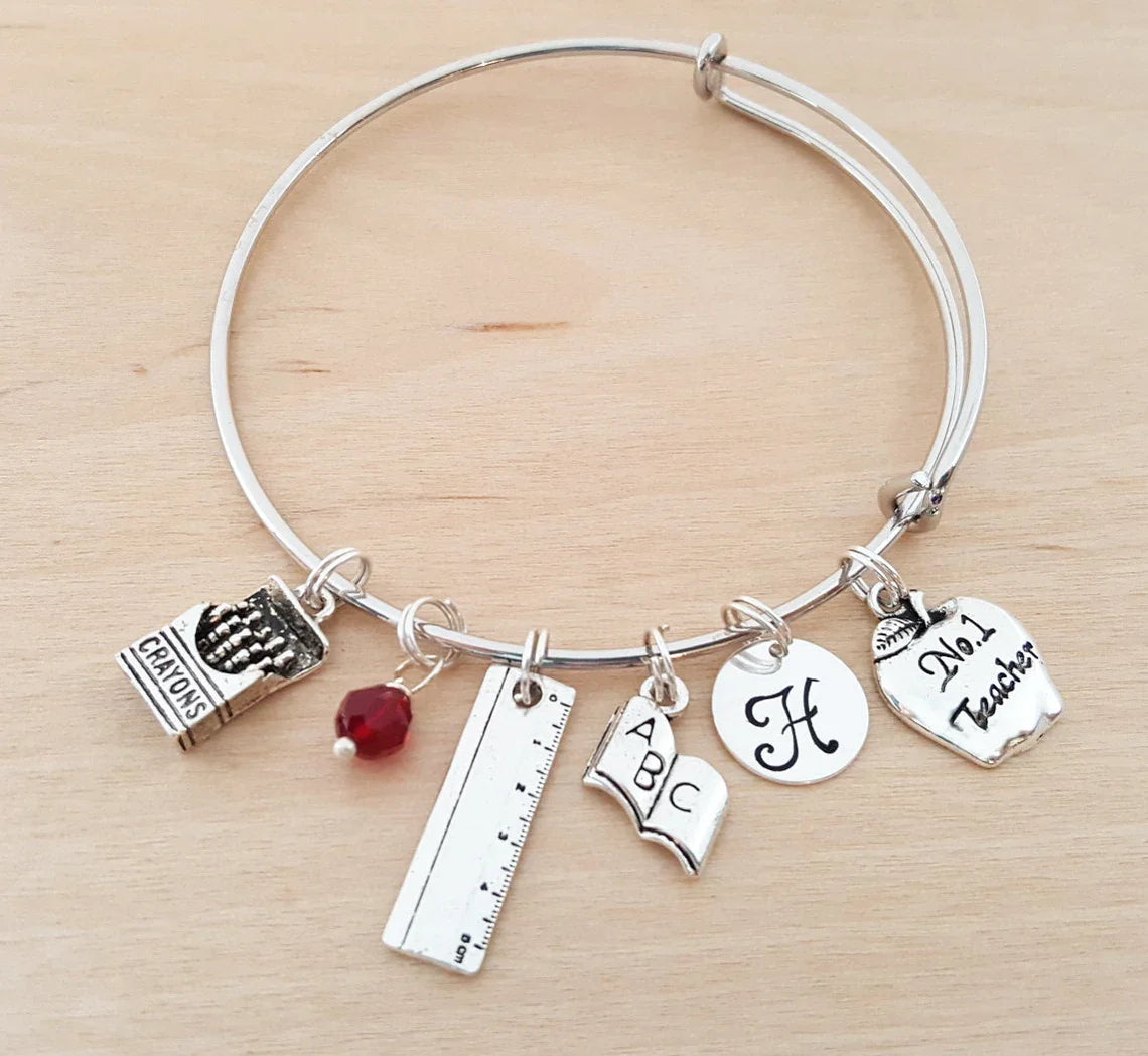 Bracelet personnalisé pour enseignant – Jonc ajustable avec pierre de naissance et initiale