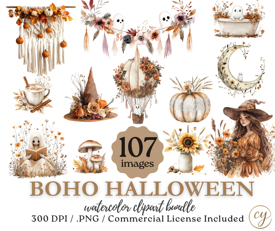 Lot d'images clipart d'Halloween bohèmes à l'aquarelle – 107 fichiers PNG, 300 DPI, licence commerciale