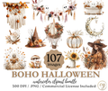 Lot d'images clipart d'Halloween bohèmes à l'aquarelle – 107 fichiers PNG, 300 DPI, licence commerciale