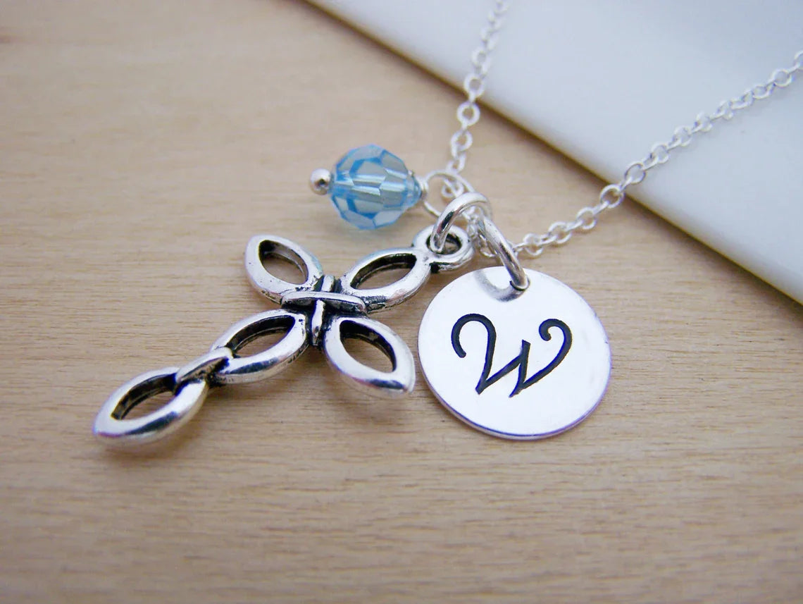 Collier croix personnalisé – Chaîne en argent sterling avec pierre de naissance et initiale