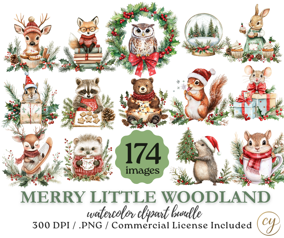 Joyeux Petit Bois – Pack de 174 Images Numériques de Noël à l'Aquarelle | Fichiers PNG, 300 DPI, Licence Commerciale Incluse