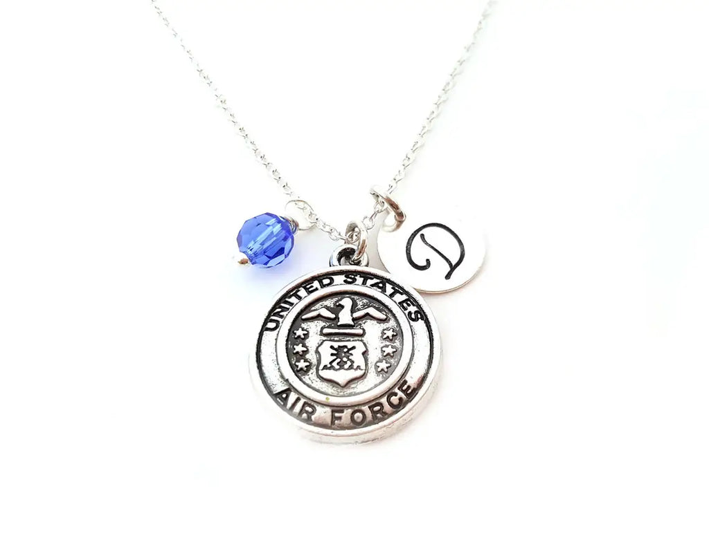 Collier Personnalisé Armée de l'Air – Chaîne en Argent Sterling avec Pierre de Naissance et Initiale